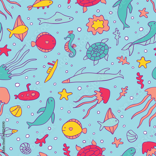 Ocean underwater animals life abstract seamless pattern