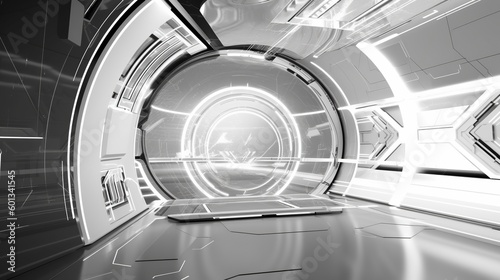 Futuristic glowing white spaceship interior background with copy space. AI generative image.