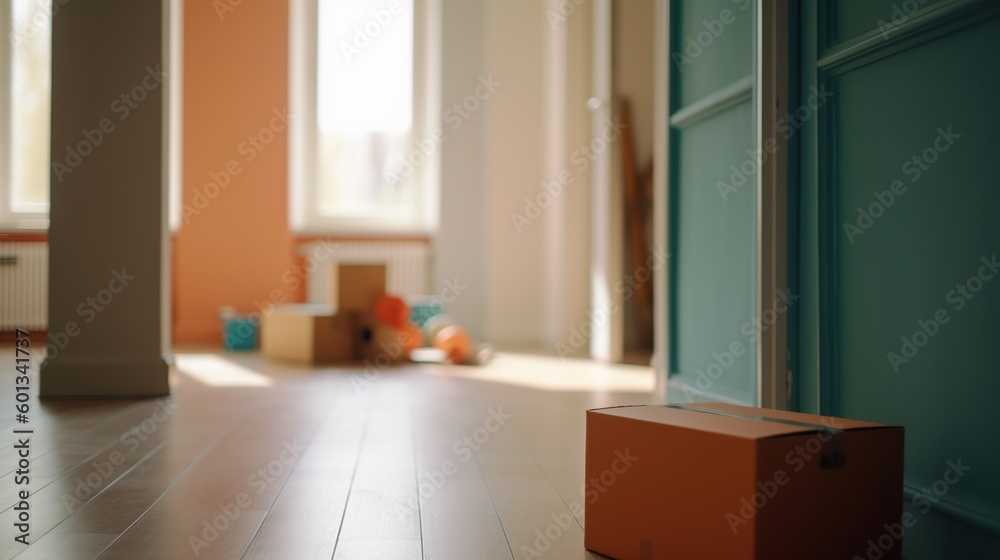 Fototapeta premium Clean empty room with stack of cardboard boxes, moving into a new house concept. Indoor empty interior background. AI generative image.