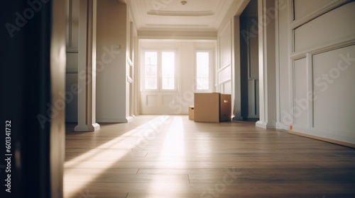 Clean empty room with stack of cardboard boxes  moving into a new house concept. Indoor empty interior background. AI generative image.