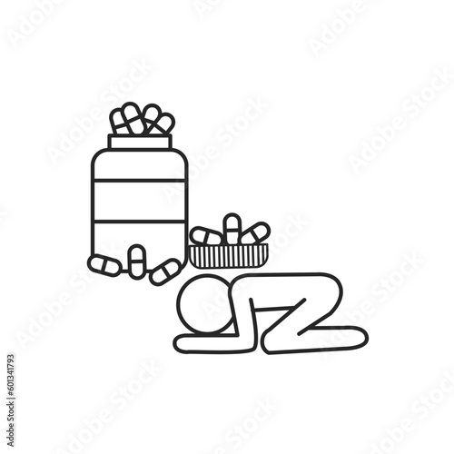 addict icon, dependent person, addiction for pills, drug bottle, thin line symbol on white background - vector illustration.