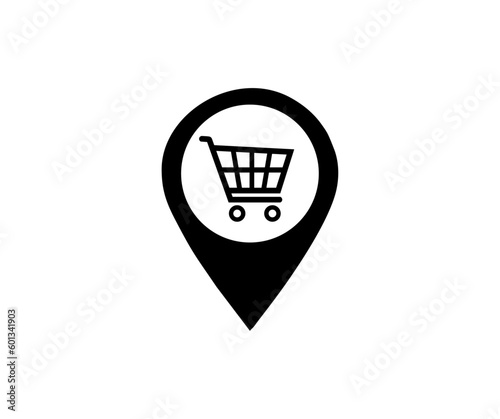 Map pointer with shopping cart icon design. Point on the map where the store is located vector design and illustration.