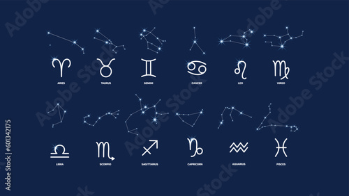 Set of 12 zodiac signs with constellations, beautiful modern astrology banner with blue background, astronomy and esoteric, horoscope vintage vector illustration.