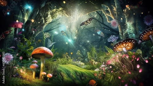 Beautiful and mysterious enchanted forest with mushrooms, fireflies, butterflies and other creatures and plants. Copy space in the middle, outdoor nature background. AI generative image. photo