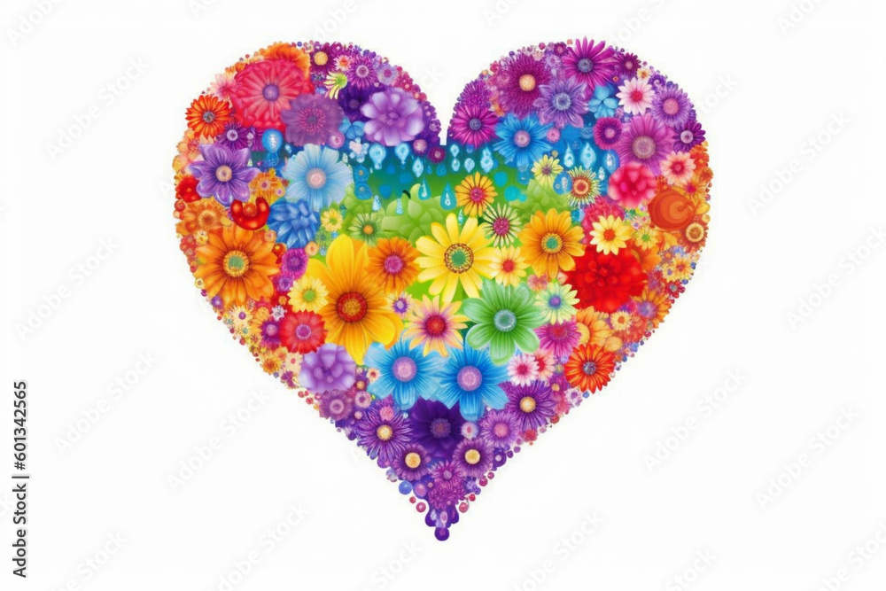 rainbow-colored heart made from flowers on white background. LGBT concept. Generated by AI