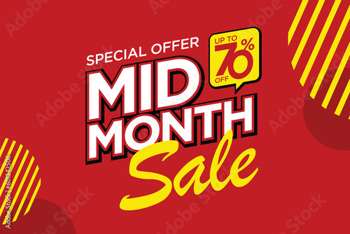 Mid month sale poster or banner vector template design. Big sale event on the red background. Ads for web, social media, shopping online.