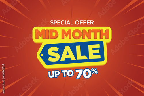Mid month sale poster or banner vector template design. Big sale event on the red background. Ads for web, social media, shopping online.