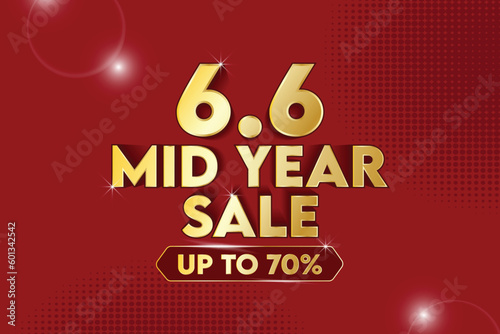 6.6 Mid year sale poster or banner vector template design. Big sale event on the red background. Ads for web, social media, shopping online.