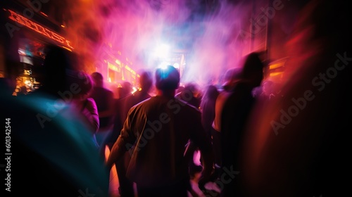 Illustration of crowded night club disco party. Silhouettes of people with long exposure effect. Indoor background. AI generative image. © vlntn