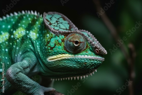 Green chameleon closeup natural. Generate Ai