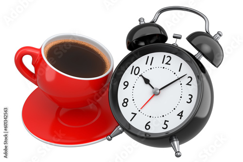 Vintage alarm clock with ceramic coffee cup on white background.