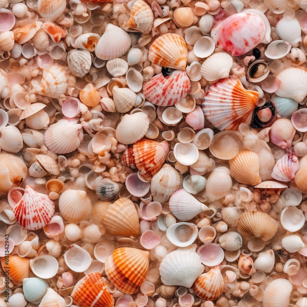 Seamless pattern with different sea shells. Oceanic seashells and sand background. Wrapping paper or textile design template. AI generative image. Seamless pattern with different sea shells. Oceanic seashells and sand background. Wrapping paper or textile design template. AI generative image.