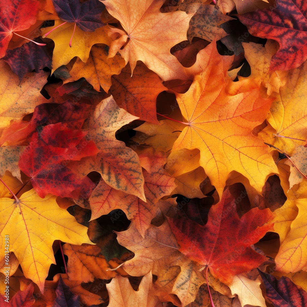 Seamless pattern with bright autumn maple leaves. Red, orange and yellow colors. Beautiful nature background. Endless texture for wrapping paper or textile design. AI generative image.