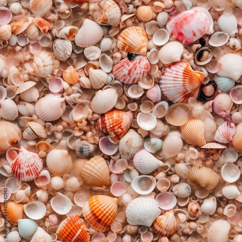 Seamless pattern with different sea shells. Oceanic seashells and sand background. Wrapping paper or textile design template. AI generative image.