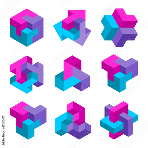 Colorful geometric cube elements. Group of 3D graphic shapes. Isometric logo design template. Blue, pink and violet color objects. Modern abstract graphics. Brand identity idea. Vector illustration.  © Tasha Vector