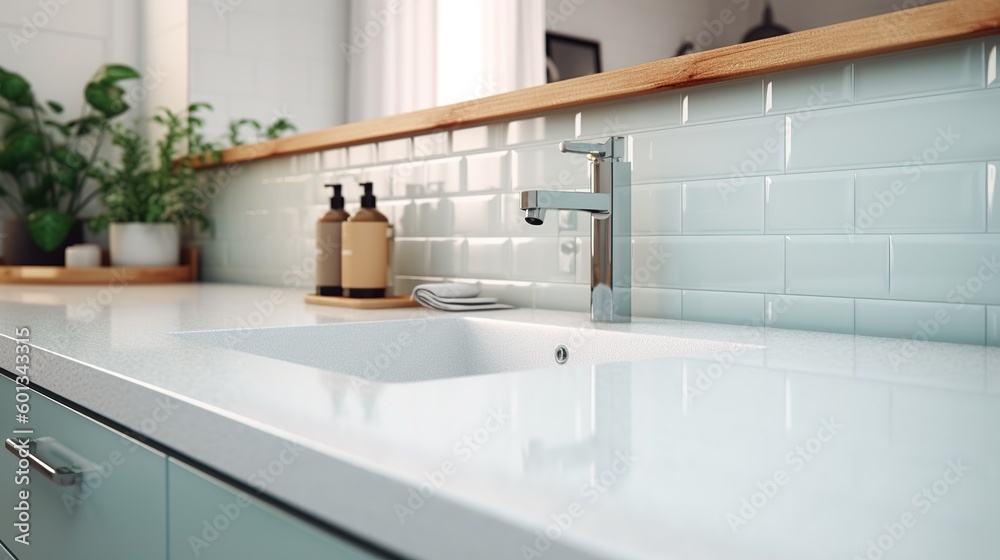 Illustration of modern clean bathroom counter top made of stone, sink