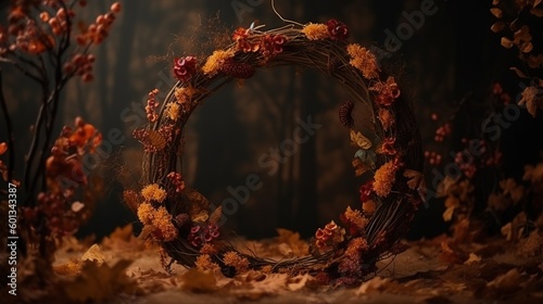 Circular arch made of autumn leaves and branches with round copy space in the middle. Fantasy forest illustration. Autumnal woods outdoor background with empty place. AI generative image.