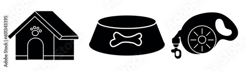 Various Dog Equipment silhouette. Food, toys, home, collar, leash, tag, bone. Pet shop or store concept. Hand drawn colorful icons. Trendy Vector illustration isolated on background