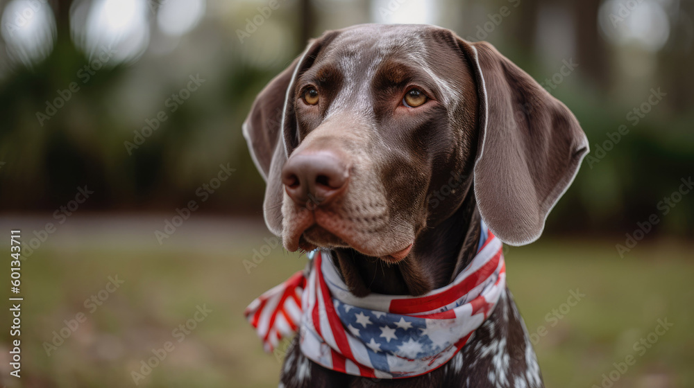 German Shorthaired Pointer playing outside with USA Bandana 4th of july with Generative AI Technology