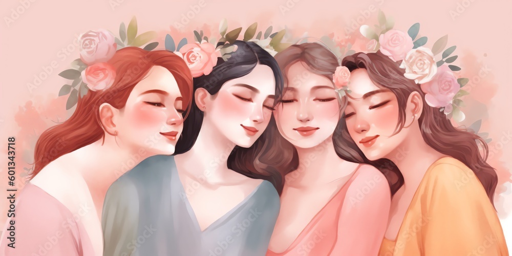 Happy women group for Mother's Day, watercolor style illustration. Generative AI.