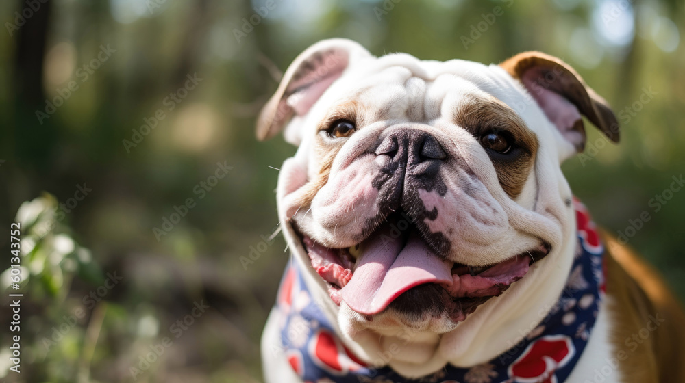 Happy Bulldog playing outside with the American Bandana 4th of july with Generative AI Technology