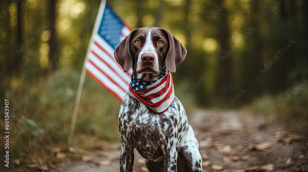 Happy German Shorthaired Pointer carrying USA flag 4th of july with Generative AI Technology