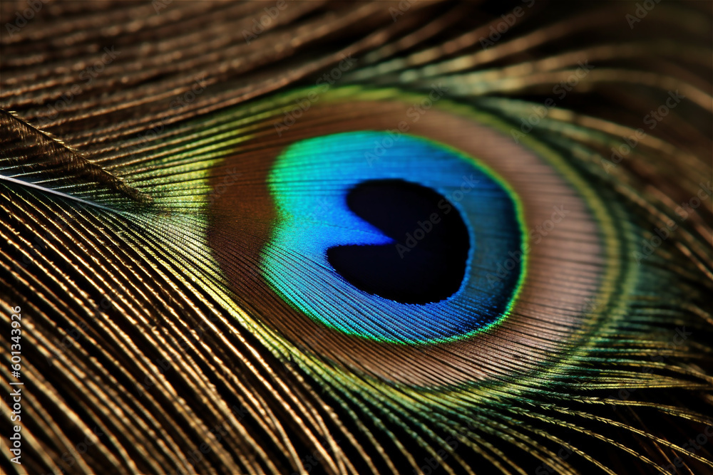 Obraz premium Background with peacock feather macro texture, multicolored. AI generated content