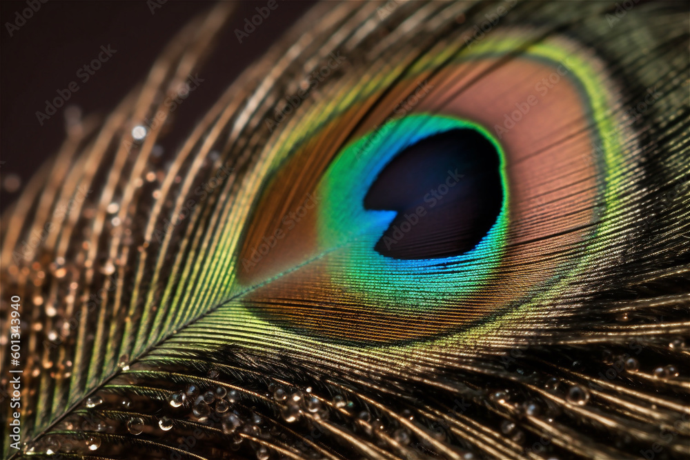 Obraz premium Background with peacock feather macro texture, multicolored. AI generated content