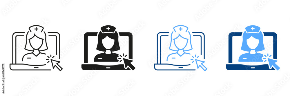 Telemedicine Healthcare Symbol Black and Color Collection. Remote Doctor in Laptop Line and Silhouette Icon Set. Physician Online Consultation. Medical Service Pictogram. Isolated Vector Illustration Telemedicine Healthcare Symbol Black and Color Collection. Remote Doctor in Laptop Line and Silhouette Icon Set. Physician Online Consultation. Medical Service Pictogram. Isolated Vector Illustration