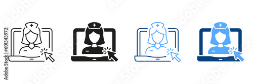 Telemedicine Healthcare Symbol Black and Color Collection. Remote Doctor in Laptop Line and Silhouette Icon Set. Physician Online Consultation. Medical Service Pictogram. Isolated Vector Illustration