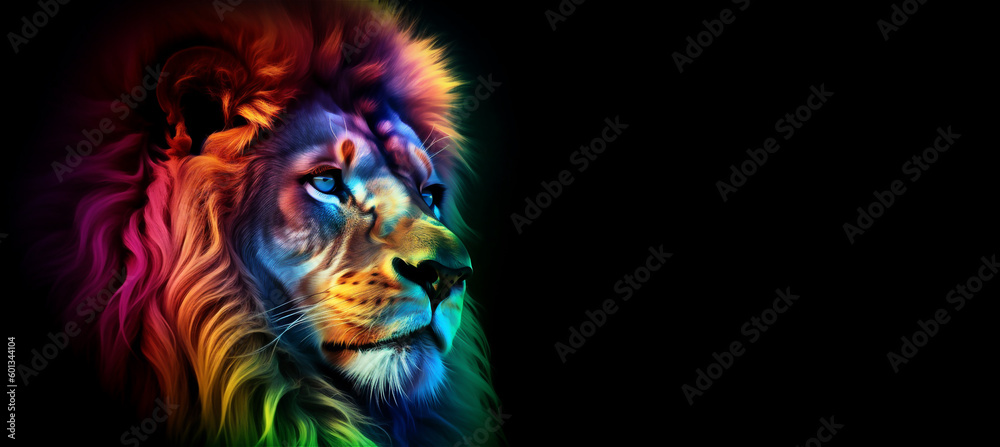 A portrait of a lion king in rainbow colors on black background with copy space. AI generated content