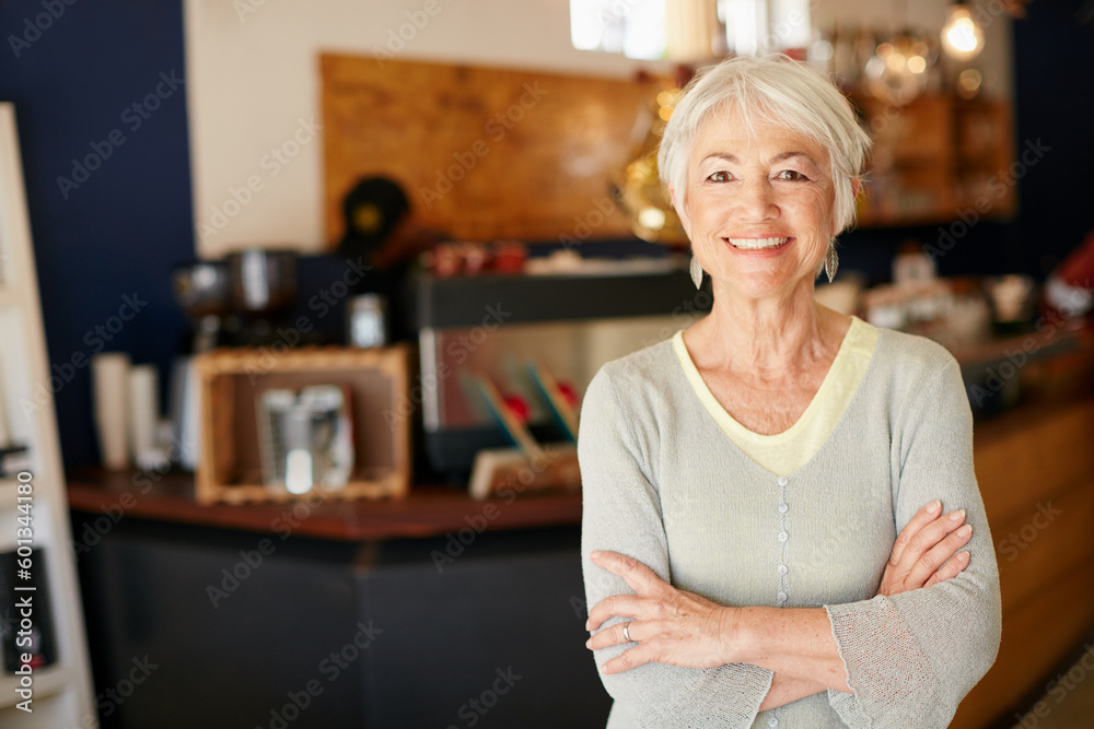 Elderly, woman and portrait with crossed arms work in coffee shop for retirement for a small business. Senior female, professional and cafe for investment is working in a store for with a smile. Elderly, woman and portrait with crossed arms work in coffee shop for retirement for a small business. Senior female, professional and cafe for investment is working in a store for with a smile.