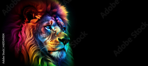 A portrait of a lion king in rainbow colors on black background with copy space. AI generated content