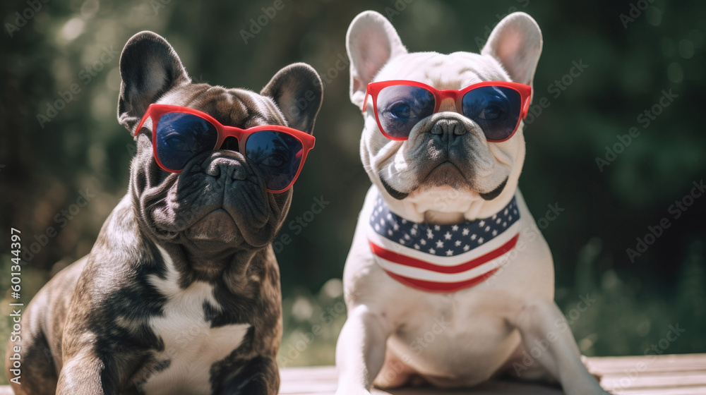 Panting French Bulldogs dog outside wearing fun patriotic USA Bandana 4th of july with Generative AI Technology