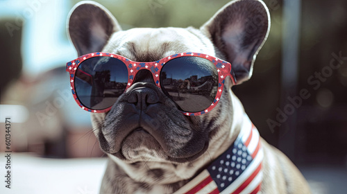 Panting French Bulldog outside wearing fun patriotic sunglasses 4th of july with Generative AI Technology © LightoLife