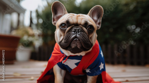 Panting French Bulldogs dog outside wearing an american flag with Generative AI Technology