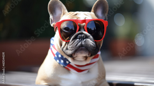 Panting French Bulldogs dog outside wearing fun patriotic USA Bandana 4th of july with Generative AI Technology © LightoLife