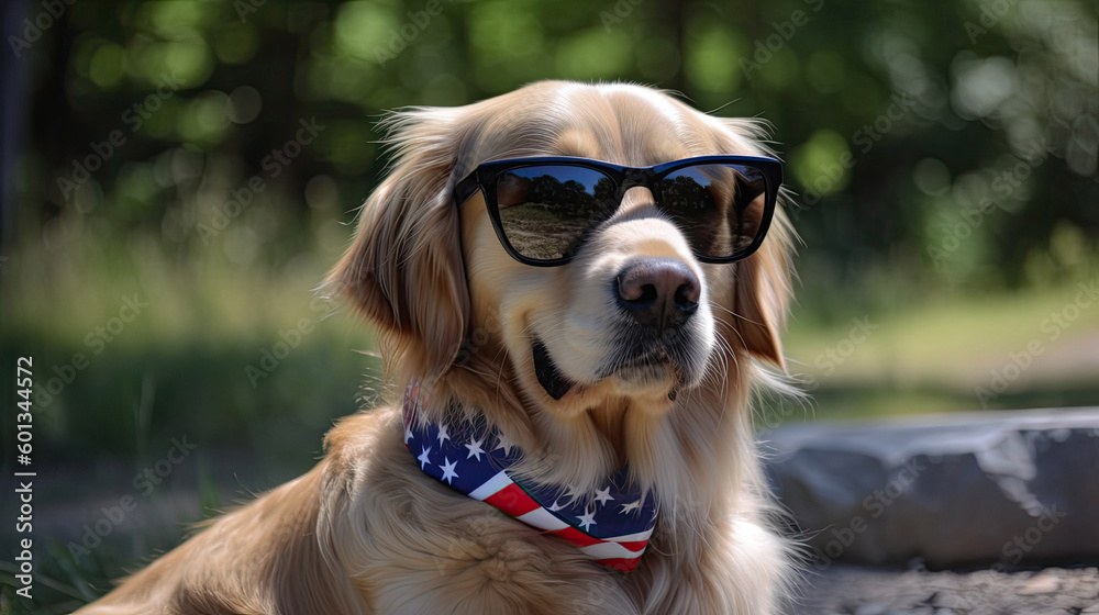 Panting Golden Retriever outside wearing fun patriotic Bandana 4th of july with Generative AI Technology