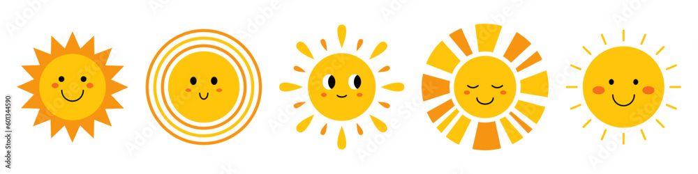 Vector cute smiling suns with face. Funny childish suns in flat design. Childish sunshine emoji. Baby suns with sunbeams.