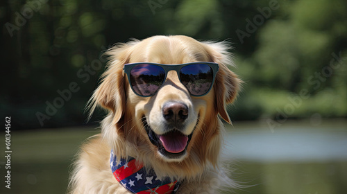 Panting Golden Retriever dog outside wearing fun patriotic Bandana 4th of july with Generative AI Technology