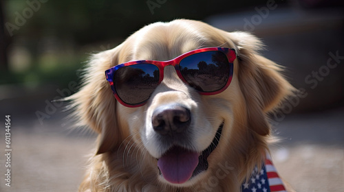 Panting Golden Retriever dog outside wearing fun patriotic Bandana 4th of july with Generative AI Technology