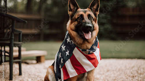 Panting German Shepherd dog outside wearing an american flag 4th of july with Generative AI Technology