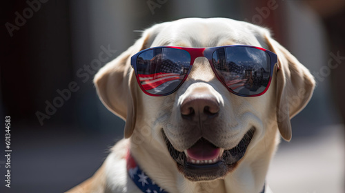 Panting Labrador Retriever dog outside wearing patriotic sunglasses 4th of july with Generative AI Technology
