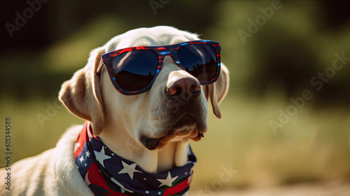 Panting Labrador Retriever outside wearing patriotic bandana 4th of july with Generative AI Technology