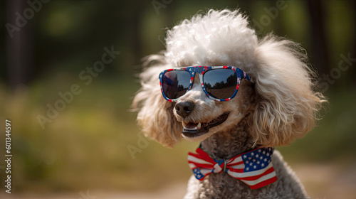 Panting Poodle dog outside wearing fun patriotic sunglasses 4th of july with Generative AI Technology © LightoLife