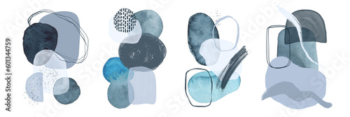 Collection abstract contemporary watercolor blue navy art. A group of spots, smooth shapes, lines, strokes and splashes of paint. Hand drawn. Modern design.