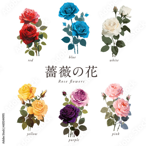 カラフルな薔薇の花のイラスト素材6種セット／AI画像