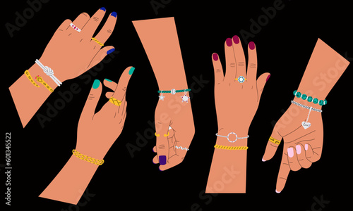 Women's hands with colored manicure, rings and bracelets. Vector hand drawn set on black background