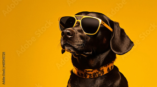 Stylish Chocolate Lab: A Playful Companion in Fashionable Sunglasses Looking Away © Travis