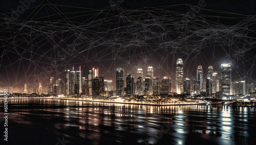 internet connections at city skyline at night